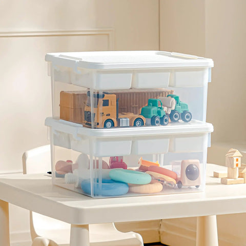Stacked No Fuss 17 Qt Clear Plastic Storage Box With Bricks Compatible Baseplate Lid on table holding toys and craft supplies.