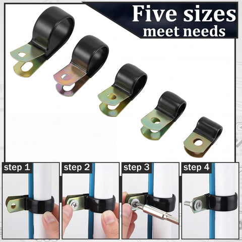 Five sizes of 50 Piece Half Inch Stainless Steel Cable Clamps With Rubber Coated Insulated Brake Line Clips shown.