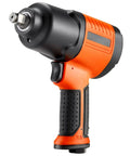 Heavy Duty 1/2 Inch Drive Pneumatic Impact Wrench Delivers Badass 1100 Foot Pounds Reverse Torque And Smooth 7500 Rpm Free Speed With Four Quick Adjustments And A Lightweight Aluminum Frame Crafted For No Sweat Under The Hood Auto Repair, front angle view.