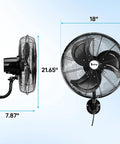 18 Inch Wall Mount Oscillating Fan With Aluminum Blades, High Velocity Airflow Up To 4592 CFM, side and front views