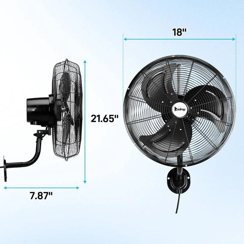 18 Inch Wall Mount Oscillating Fan With Aluminum Blades, High Velocity Airflow Up To 4592 CFM, side and front views