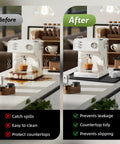 Before and after image showing a coffee maker on a countertop with and without the Raised Edges Silicone Coffee Mat 19 By 12 Inches Waterproof Countertop Protector For Coffee Makers Espresso Machines, Heat Resistant Dish Drying Pad, Spill Proof Mat To Guard Your Kitchen.