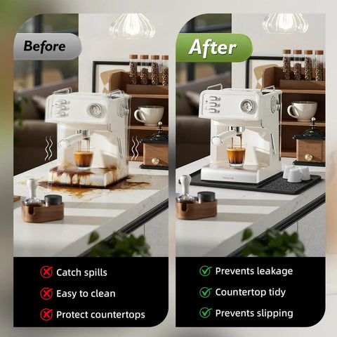 Before and after image showing a coffee maker on a countertop with and without the Raised Edges Silicone Coffee Mat 19 By 12 Inches Waterproof Countertop Protector For Coffee Makers Espresso Machines, Heat Resistant Dish Drying Pad, Spill Proof Mat To Guard Your Kitchen.