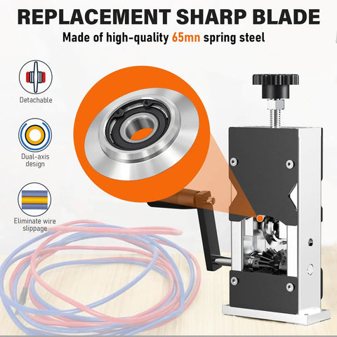 Rugged Wire Stripping Tool With Hand Crank Or Drill Power For Scrap Copper, showing replacement sharp blade and design features.