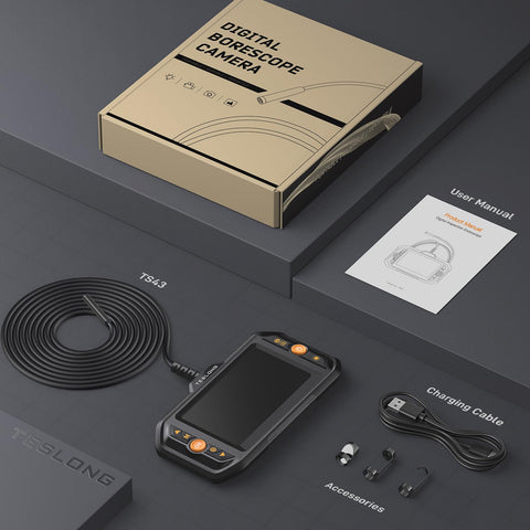 Endoscope Borescope With Light For Auto And Home Repairs kit with flexible snake cable and accessories displayed on table