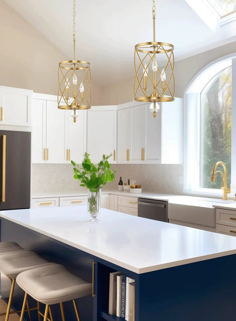 Eleanor 27 Inch Traditional 3 Light Cylinder Pendant Chandelier in kitchen, antique white lattice cage, crystal orb accents