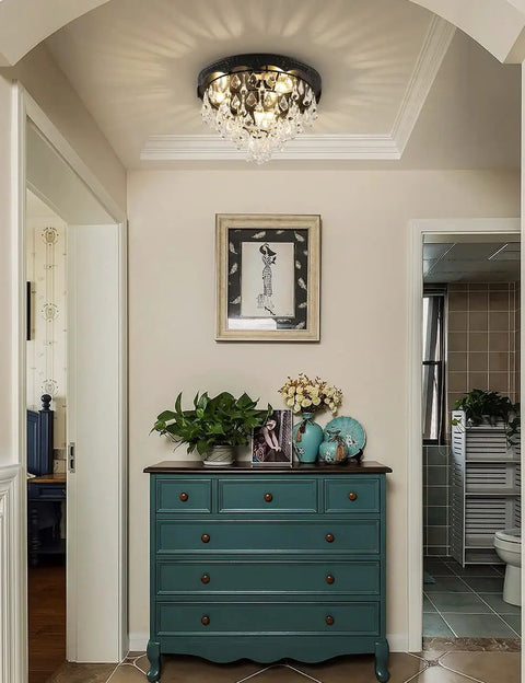 Lux Black Crystal Chandelier Light Fixture, Modern Ceiling Pendant for hallways with clear faceted crystals, 15.75 inch wide