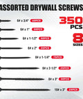 Assorted drywall screws set with black finish, 350 pcs, 8 sizes (6#-10#, 3/4 to 3 inches)