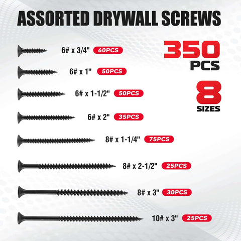 Assorted drywall screws set with black finish, 350 pcs, 8 sizes (6#-10#, 3/4 to 3 inches)