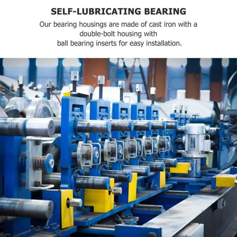Heavy Hitter Cast Iron Pillow Block Bearing Kit Featuring Dual Bolt Flange Housing And Compact Two Hole Design For Cramped Workspaces And Daily Factory Production Lines on industrial assembly line.