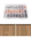 Oil Drain Plug Crush Washer Set With Assorted Sizes 10mm 12mm 14mm 16mm 18mm For Automotive Engine Oil Pan Sealing Gasket Replacement Kit 160 Pieces Premium Quality in plastic organizer box displaying copper and aluminum washers.