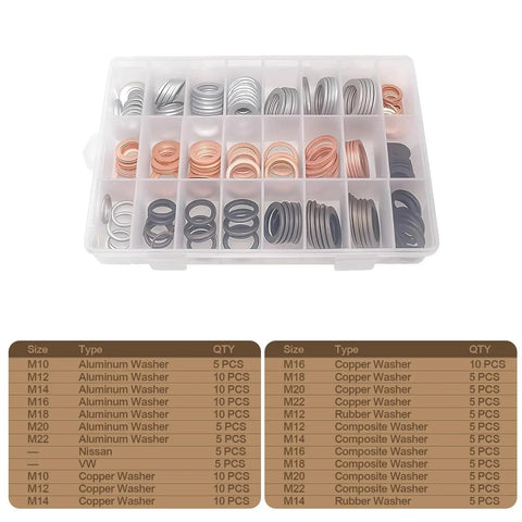 Oil Drain Plug Crush Washer Set With Assorted Sizes 10mm 12mm 14mm 16mm 18mm For Automotive Engine Oil Pan Sealing Gasket Replacement Kit 160 Pieces Premium Quality in plastic organizer box displaying copper and aluminum washers.