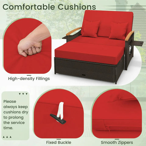 Patio Rattan Daybed With Four Level Adjustable Backrest And Handy Storage Ottoman in red showing cushion features