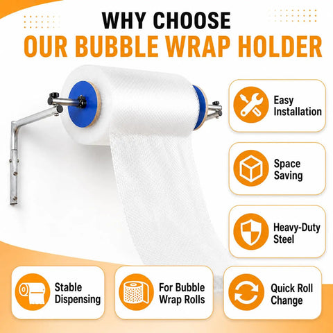 Heavy Duty Wall Mount Bubble Wrap Dispenser Rock Solid Galvanized Steel Bubble Cushioning Roll Holder with white bubble wrap.