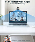Pro Grade 2K Webcam For Pcs Featuring Warm Led Ring And Punchy Dual Mic Plus Handy Privacy Slider For Daily Work From Home Hustle And Butter Smooth Calls With Zero Hassle Setup Every Single Time You Log On, showing 81.6° wide angle view during video call on laptop.