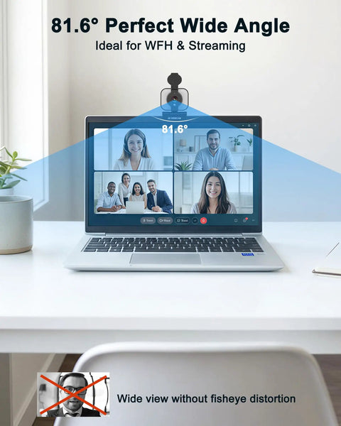 Pro Grade 2K Webcam For Pcs Featuring Warm Led Ring And Punchy Dual Mic Plus Handy Privacy Slider For Daily Work From Home Hustle And Butter Smooth Calls With Zero Hassle Setup Every Single Time You Log On, showing 81.6° wide angle view during video call on laptop.