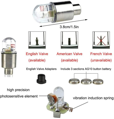 LED Bike Wheel Lights Valve Caps Set Multicolor Waterproof Spoke Reflectors with batteries and valve adapters shown