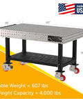 Precision Laser Cut Welding Fixture Table 60 X 36 Inches with storage shelf, heavy duty rolling workbench, smooth roll casters.