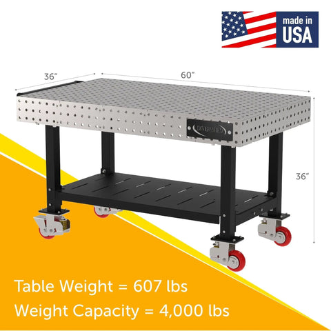 Precision Laser Cut Welding Fixture Table 60 X 36 Inches with storage shelf, heavy duty rolling workbench, smooth roll casters.