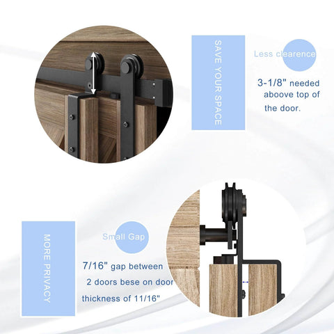 Image showing the 4 Ft Mini Cabinet Bypass Barn Door Hardware Kit With Single Track setup, highlighting door clearance and gap specifics.