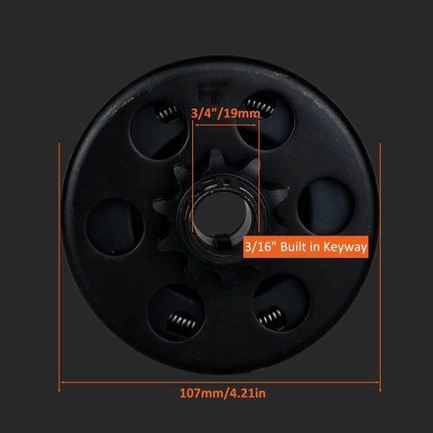 Front view of Heavy Duty Centrifugal Clutch for Go Karts and Mini Bikes, Three-Quarter Inch Bore, Ten-Tooth, shows dimensions and keyway