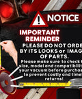 Important reminder notice about checking compatibility before purchasing vacuum parts with measuring tools shown.