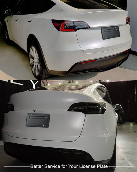 Rear License Plate Holder for Tesla Model 3 and Model Y Mount Kit With Bracket Frame Screws and Caps on white car