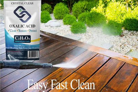 Oxalic Acid Powder Wood Bleach Pro Grade Industrial Cleaner 2 Pound Bag, shown with deck cleaning application.