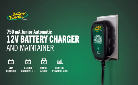 12V Smart Battery Charger And Maintainer For Powersports Riders Straight Up Restoration Of Motorcycles Atvs And Utv Batteries, compact design mounted on a wall.