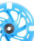 Close-up of blue 120mm LED inline skate wheel with bearings and flashing lights, showcasing a durable plastic core for a smooth ride.