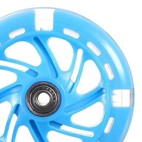 Close-up of blue 120mm LED inline skate wheel with bearings and flashing lights, showcasing a durable plastic core for a smooth ride.