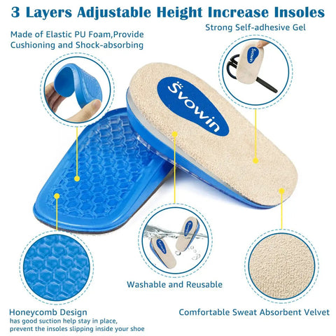Three Layer Adjustable Orthopedic Heel Wedge Lift For Leg Length Discrepancies And Height Increase Insoles, blue and beige design.