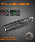 Rechargeable Keychain Flashlight 650 Lumens EDC Pocket Light Tiny Yet Mighty Must Have Camping And Outdoors Fast USB C Charging In 45 Minutes Up To 40 Hours Battery Life Emergency Bright Black showing Type-C charging indicators