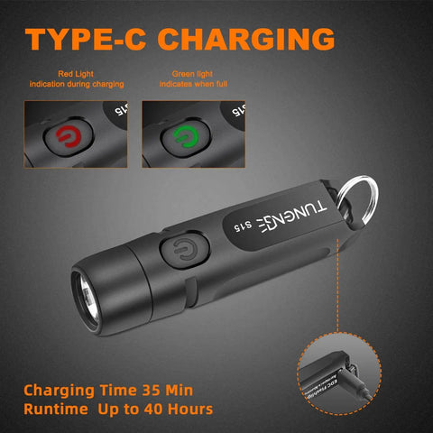Rechargeable Keychain Flashlight 650 Lumens EDC Pocket Light Tiny Yet Mighty Must Have Camping And Outdoors Fast USB C Charging In 45 Minutes Up To 40 Hours Battery Life Emergency Bright Black showing Type-C charging indicators