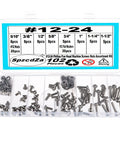 12 24 Phillips Pan Head Machine Screws Hex Nuts Flat Washers Assortment Kit in a clear storage case with labeled sections.