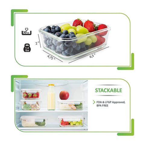 Glass Meal Prep Containers Set 5 Pack 30 Oz Each With Lids Multi Compartment Storage No Fuss Dishwasher Microwave Freezer Oven Safe Durable Clear Glass For Easy Meal Prep And Healthier Eating filled with fruit in fridge.