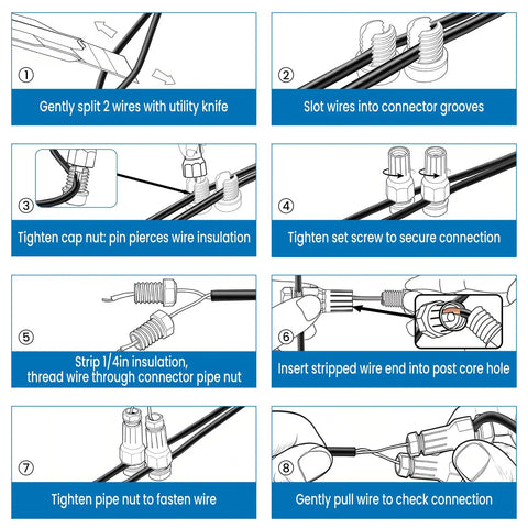 Diagrams showing installation steps for Eight Inch Retaining Wall Step Lights With Five Watt LED And One Hundred Watt Transformer IP68