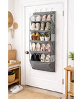 Heavy Duty Over The Door Shoe Organizer Multi Pocket Space Saving Closet Hanger for sneakers and slippers on a door.