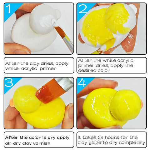 Step-by-step application process of air dry clay varnish sealant with high gloss finish in four stages.