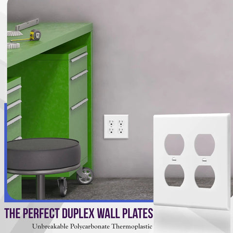 Close-up of 2-Gang Duplex Receptacle Wall Plate In White, Built Tough Polycarbonate Thermoplastic, Impact And Heat Resistant
