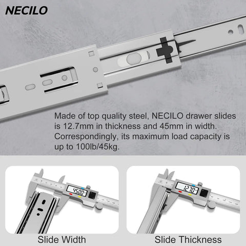 8 Inch Ball Bearing Drawer Slides 100Lb Full Extension Side Mount Pair For Heavy Duty Kitchen Cabinets And Workshop Drawers, Premium Steel With Galvanized Finish, Rust Resistant, 100000 Pull Out Cycles, Smooth Quiet Operation, side width and thickness shown