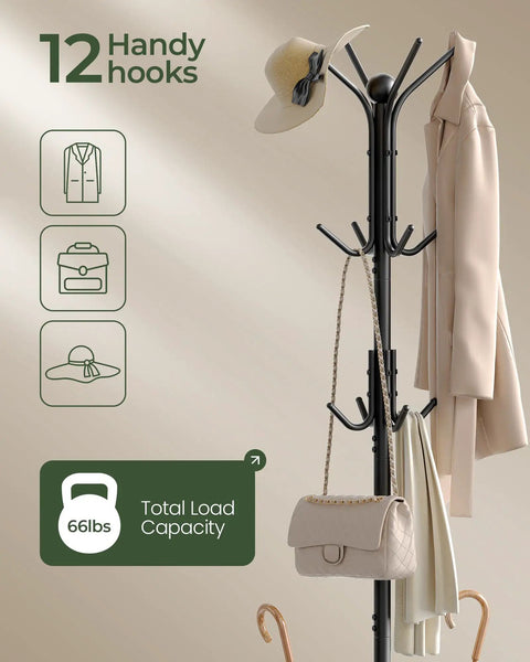 Freestanding Coat Rack With Umbrella Holder And Twelve Hooks, Entryway Hanger Stand, Metal Hall Tree For Coats Hats Bags, Black
