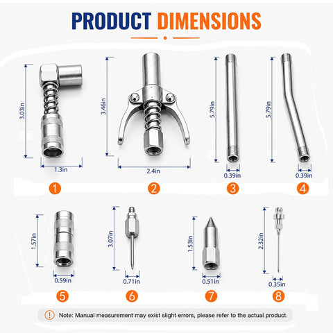 Universal 9 Piece Grease Gun Fittings And Tips Set dimensions with heavy duty couplers, needles and anti rust finish details.