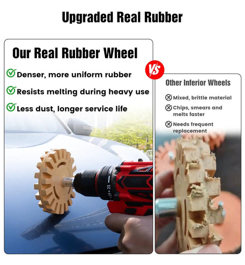 Eraser Wheel Decal Remover Tool Kit With 3 Upgraded Rubber Wheels on car hood with red drill attachment in action