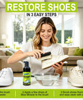 Person using Premium Sneaker Cleaning Kit With Foam Shoe Cleaner For White Shoes And All Materials Like PU Synthetic Leather Canvas Mesh And Rubber Gentle Non Bleach Formula With Brush Microfiber Towel And Cleaning Wipe 100ml Great For White Kicks