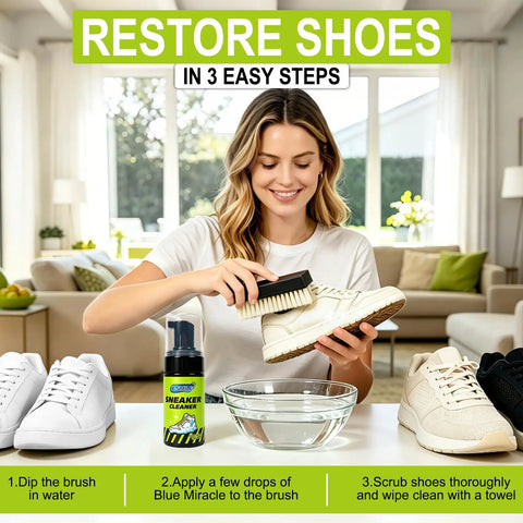 Person using Premium Sneaker Cleaning Kit With Foam Shoe Cleaner For White Shoes And All Materials Like PU Synthetic Leather Canvas Mesh And Rubber Gentle Non Bleach Formula With Brush Microfiber Towel And Cleaning Wipe 100ml Great For White Kicks
