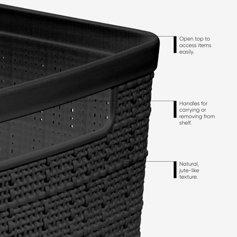 Close-up of Set Of Four Large Cube 17L Jute Texture Plastic Storage Baskets Dope Organization, highlighting black jute-like texture and handles.