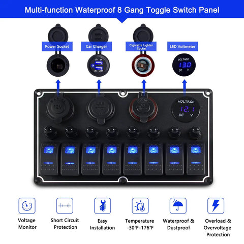 Waterproof 8 Gang Boat Rocker Switch Panel With Dual USB Ports, Voltmeter, Cigarette Lighter Socket And DIY LED Sticker