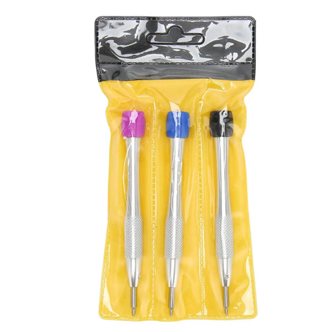 Three Color Stainless Steel Watch Movement Screwdriver Set for 3235 Movement Repairs in yellow pouch, precision tools.