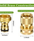 Solid No Leak Three Quarter Inch Garden Hose Quick Connector Set Brass GHT Adapters for indoor and outdoor use image showing male and female connectors with measurements.